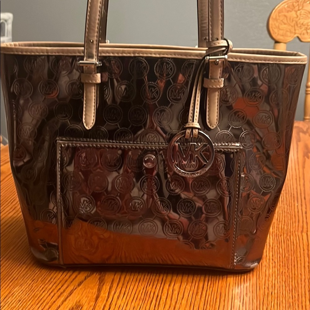 Michael Kors Brown Glossy Tote with Metallic Logo